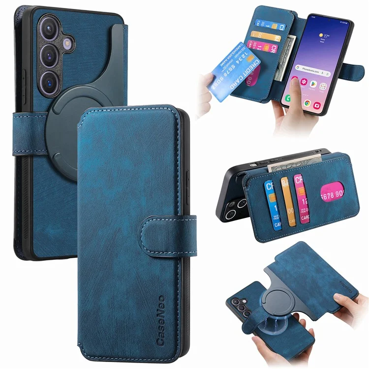 CASENEO MW-03 Pour Étui Samsung Galaxy S24+ Bloquage RFID Cuir+TPU Amovible Housse de Téléphone - Bleu Foncé