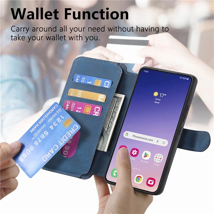 CASENEO MW-03 Pour Étui Samsung Galaxy S24+ Bloquage RFID Cuir+TPU Amovible Housse de Téléphone - Bleu Foncé