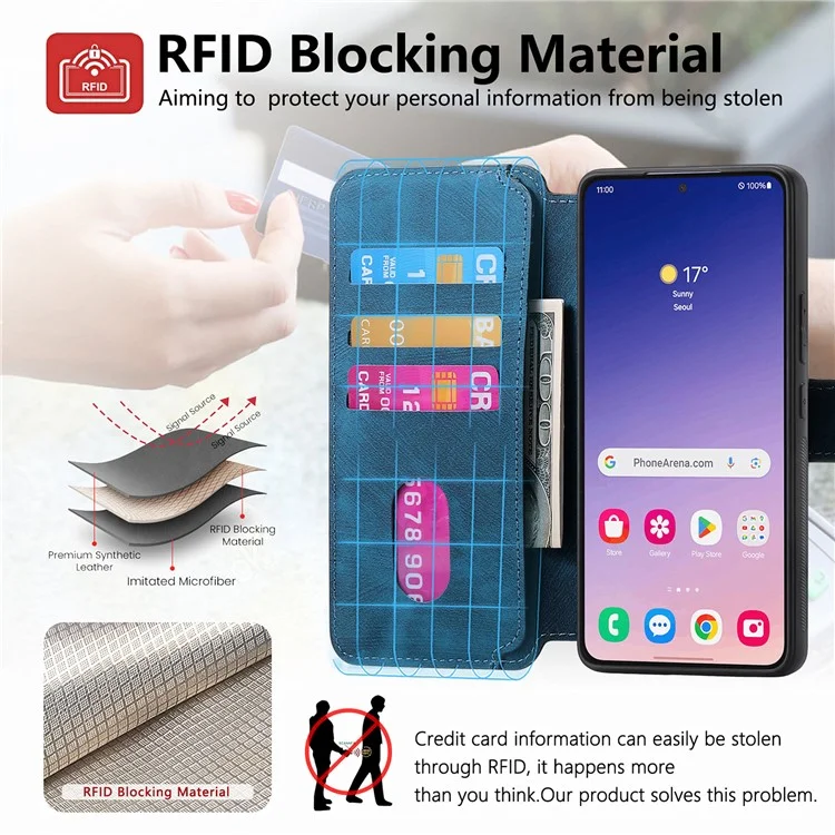 CASENEO MW-03 Pour Étui Samsung Galaxy S24+ Bloquage RFID Cuir+TPU Amovible Housse de Téléphone - Bleu Foncé