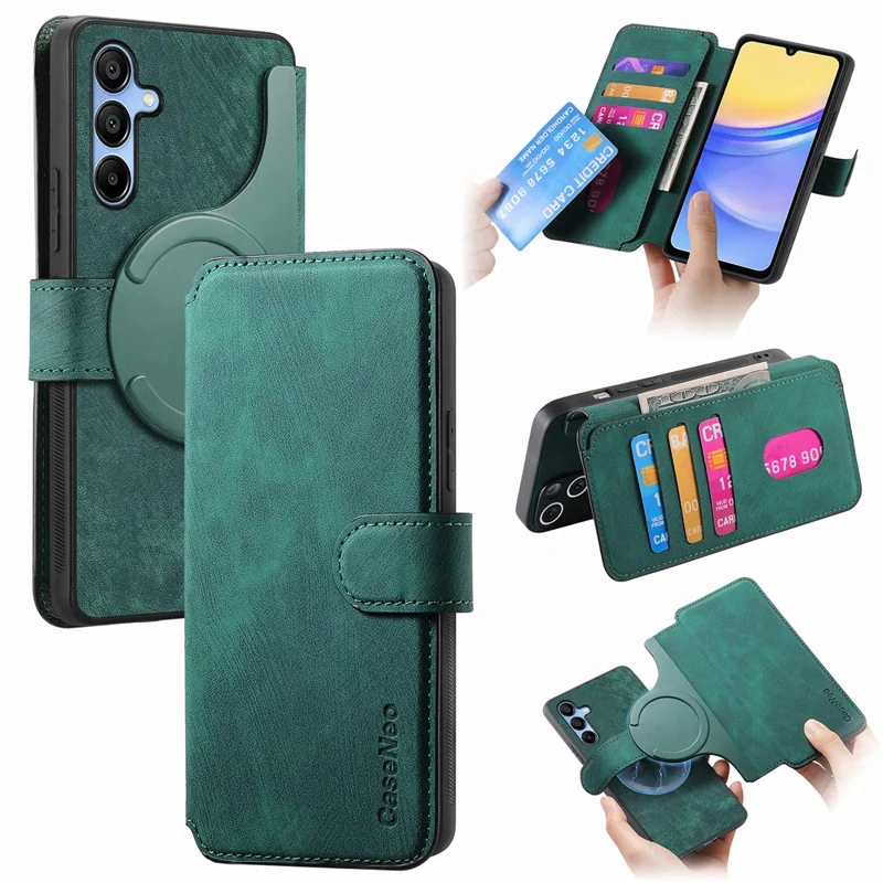 CASENEO MW-03 für Samsung Galaxy A15 4G / 5G Hülle Retro Leder Ständer RFID-Blockierung Abnehmbare Telefonabdeckung - Grün