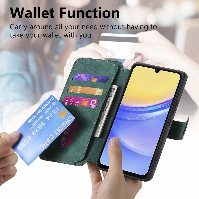 CASENEO MW-03 für Samsung Galaxy A15 4G / 5G Hülle Retro Leder Ständer RFID-Blockierung Abnehmbare Telefonabdeckung - Grün
