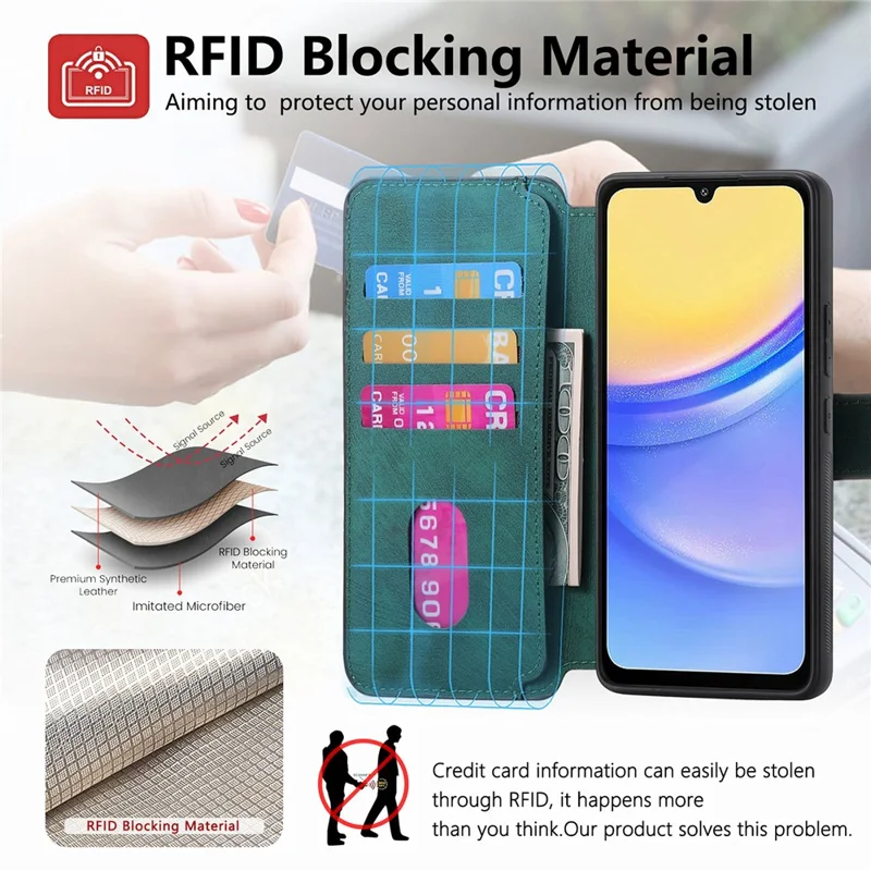 CASENEO MW-03 für Samsung Galaxy A15 4G / 5G Hülle Retro Leder Ständer RFID-Blockierung Abnehmbare Telefonabdeckung - Grün