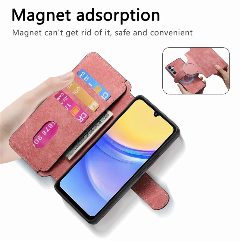 CASENEO MW-03 Для Samsung Galaxy A15 4G / 5G Чехол Ретро Кожаный Стенд RFID Блокировки Съемная Крышка Телефона - Розовый