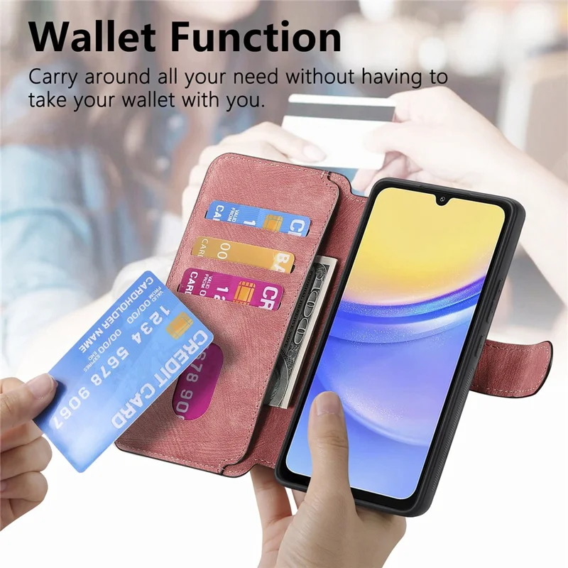 CASENEO MW-03 Для Samsung Galaxy A15 4G / 5G Чехол Ретро Кожаный Стенд RFID Блокировки Съемная Крышка Телефона - Розовый