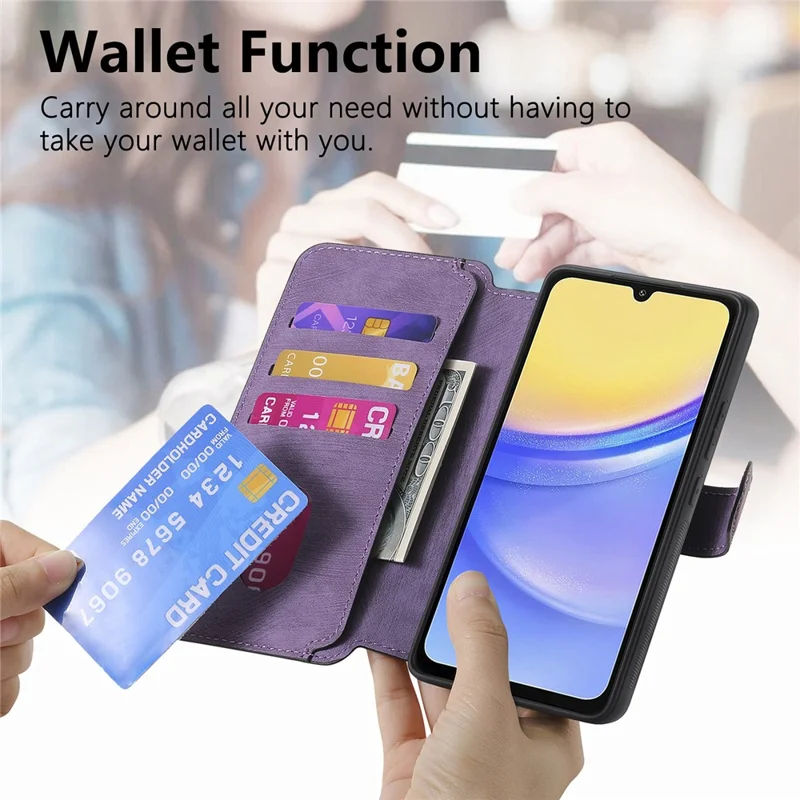 CASENEO MW-03 für Samsung Galaxy A15 4G / 5G Hülle Retro Leder Stand RFID-Blocker Abnehmbare Handyhülle - Lila