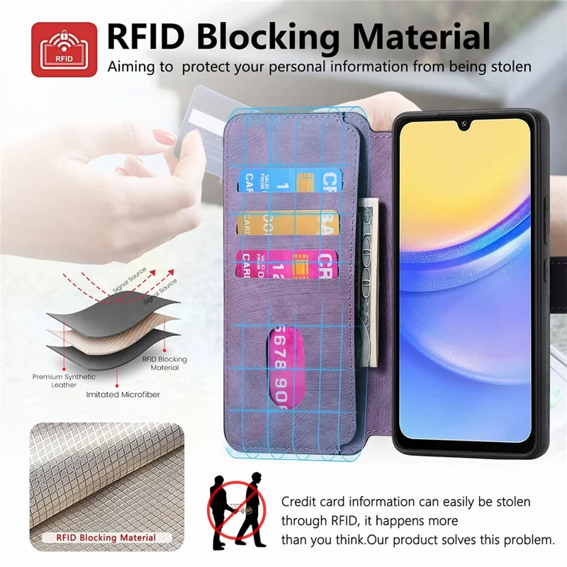 CASENEO MW-03 für Samsung Galaxy A15 4G / 5G Hülle Retro Leder Stand RFID-Blocker Abnehmbare Handyhülle - Lila