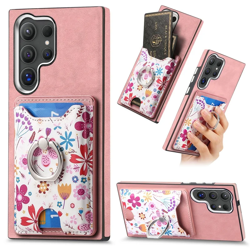 E4 for Samsung Galaxy S24 Ultra Case Leather Coated TPU Pattern Phone Cover with Ring Holder - Pink