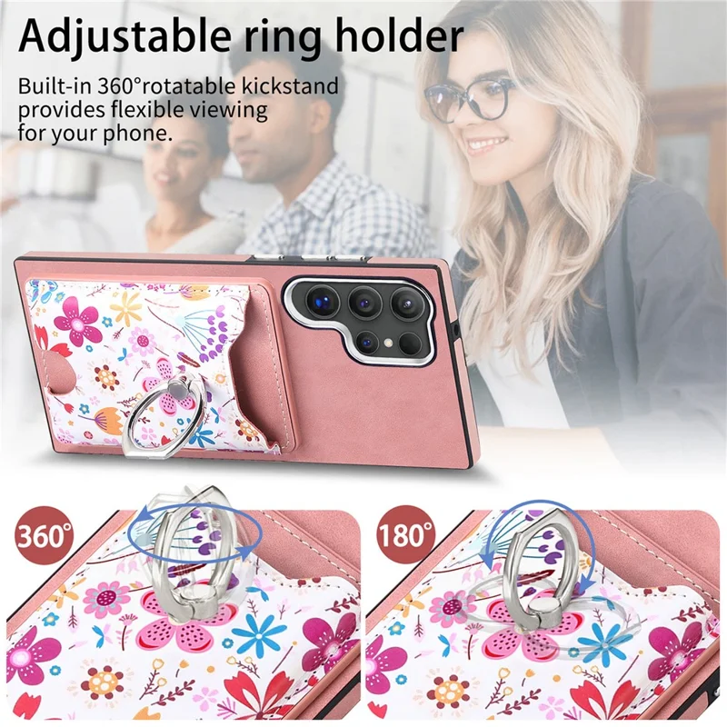 E4 for Samsung Galaxy S24 Ultra Case Leather Coated TPU Pattern Phone Cover with Ring Holder - Pink