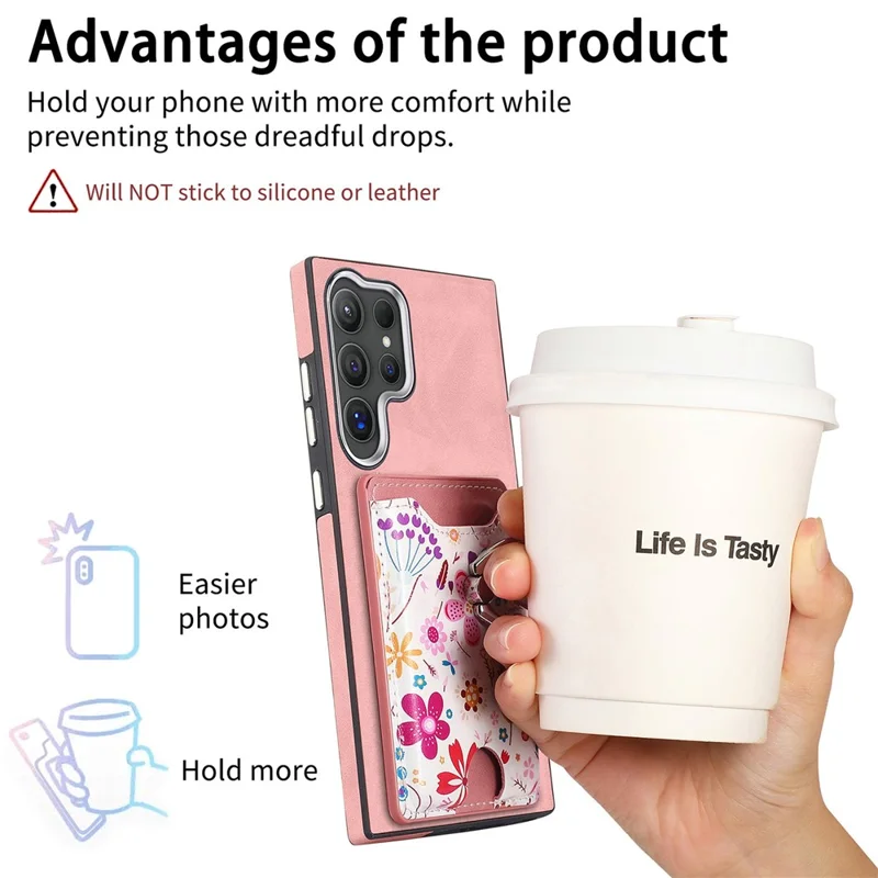 E4 for Samsung Galaxy S24 Ultra Case Leather Coated TPU Pattern Phone Cover with Ring Holder - Pink