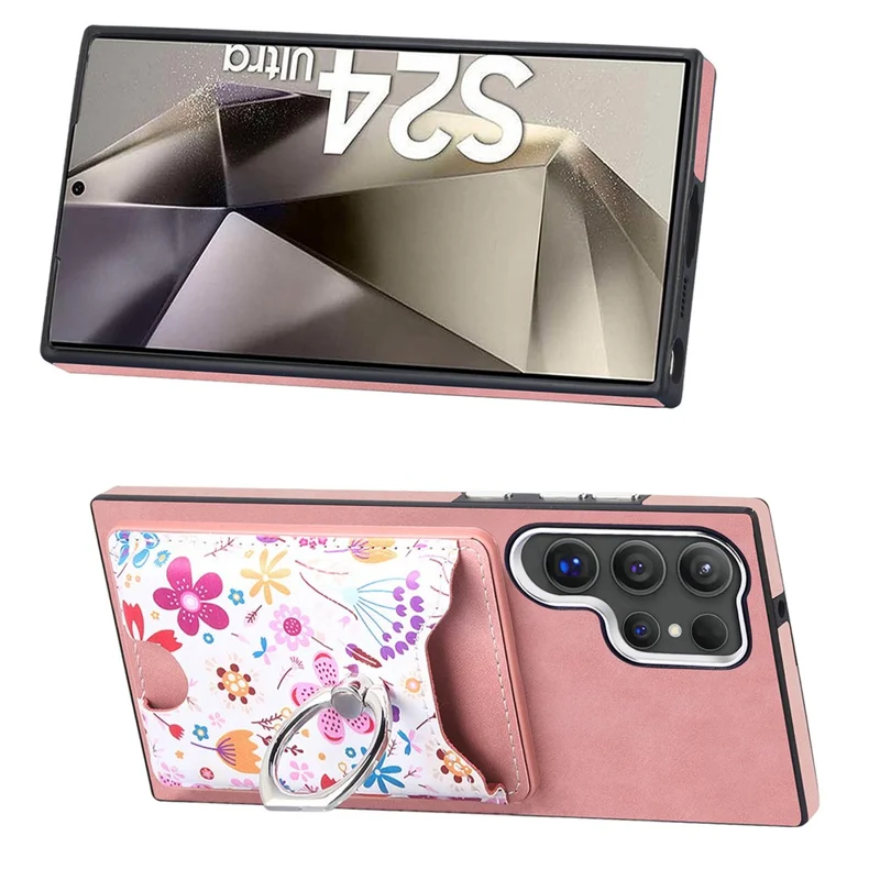 E4 for Samsung Galaxy S24 Ultra Case Leather Coated TPU Pattern Phone Cover with Ring Holder - Pink