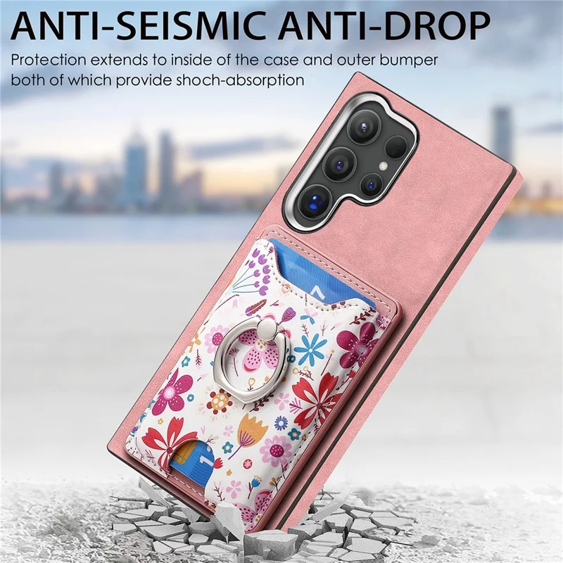 E4 for Samsung Galaxy S24 Ultra Case Leather Coated TPU Pattern Phone Cover with Ring Holder - Pink