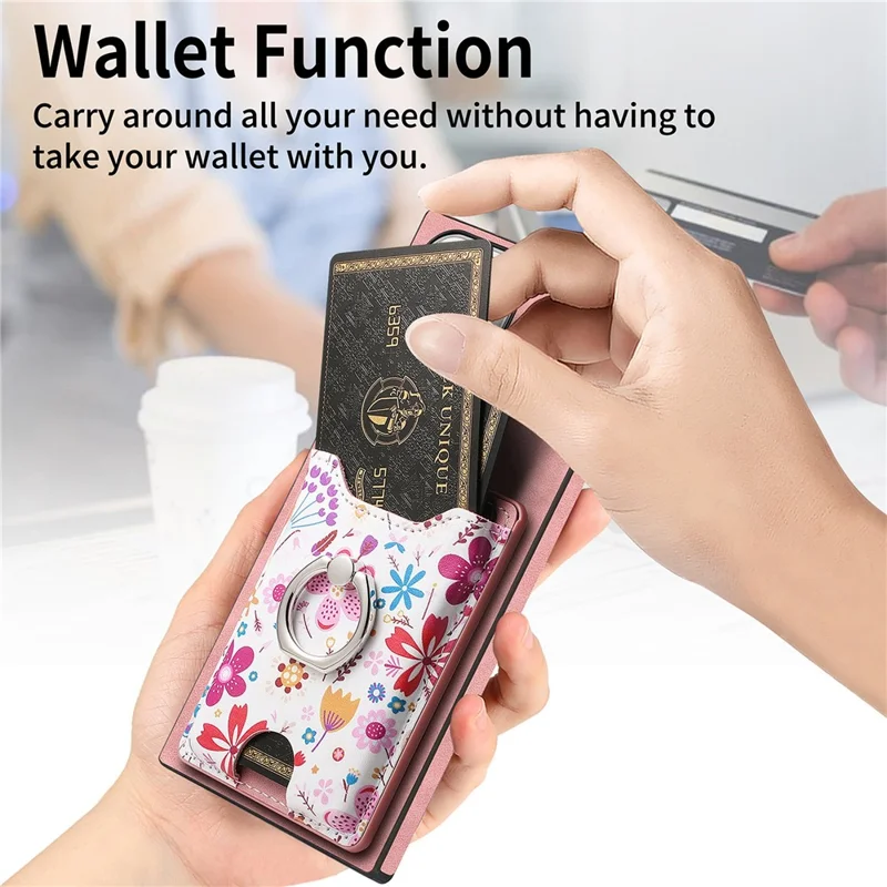 E4 for Samsung Galaxy S24 Ultra Case Leather Coated TPU Pattern Phone Cover with Ring Holder - Pink