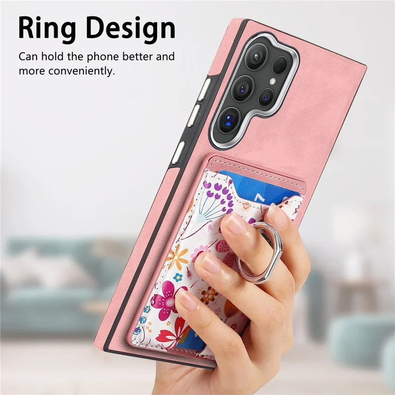 E4 for Samsung Galaxy S24 Ultra Case Leather Coated TPU Pattern Phone Cover with Ring Holder - Pink