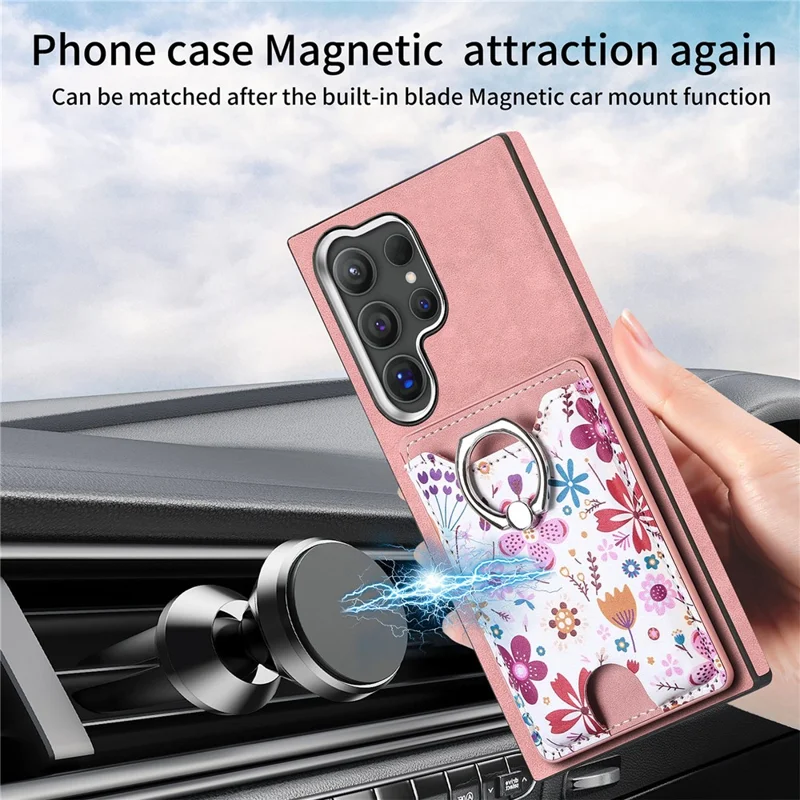 E4 for Samsung Galaxy S24 Ultra Case Leather Coated TPU Pattern Phone Cover with Ring Holder - Pink
