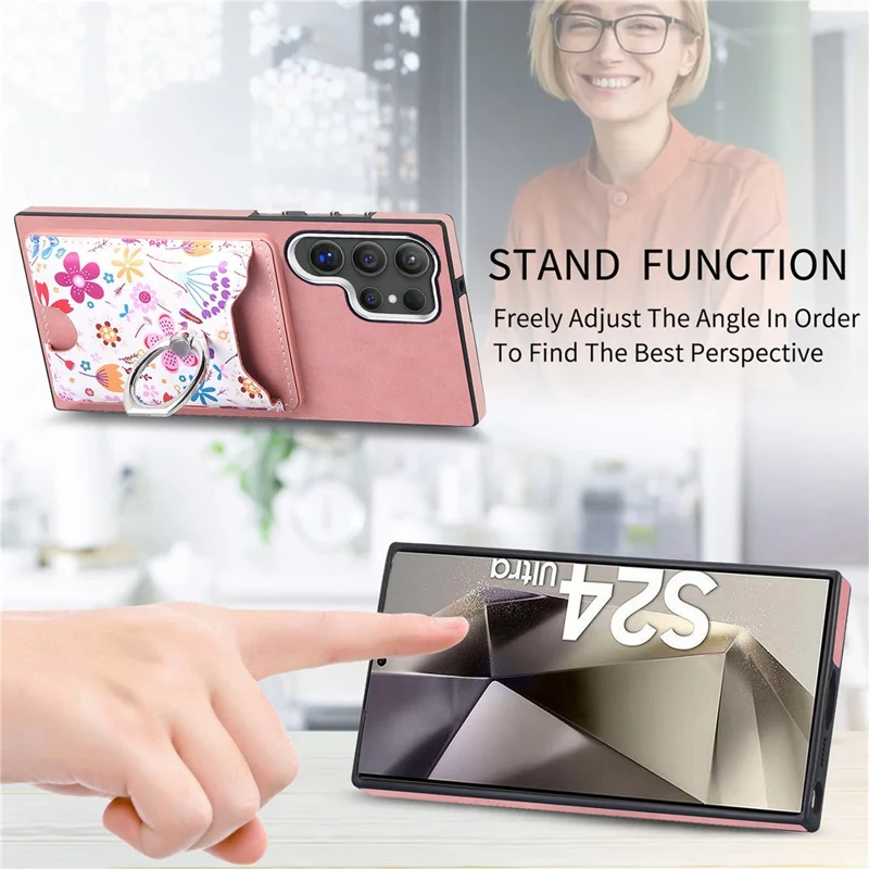 E4 for Samsung Galaxy S24 Ultra Case Leather Coated TPU Pattern Phone Cover with Ring Holder - Pink