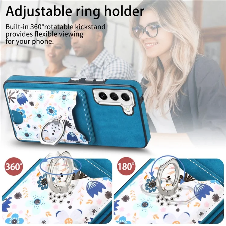 E4 for Samsung Galaxy S21 FE 5G Case Kickstand Leather Coated TPU Pattern Back Cover - Blue