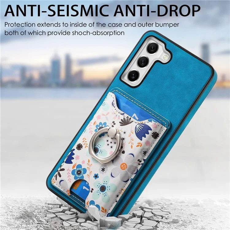 E4 for Samsung Galaxy S21 FE 5G Case Kickstand Leather Coated TPU Pattern Back Cover - Blue