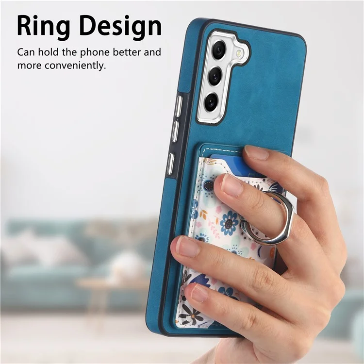 E4 for Samsung Galaxy S21 FE 5G Case Kickstand Leather Coated TPU Pattern Back Cover - Blue
