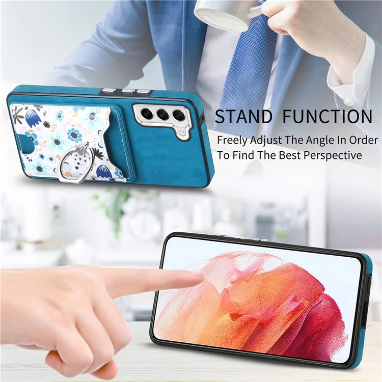 E4 for Samsung Galaxy S21 FE 5G Case Kickstand Leather Coated TPU Pattern Back Cover - Blue