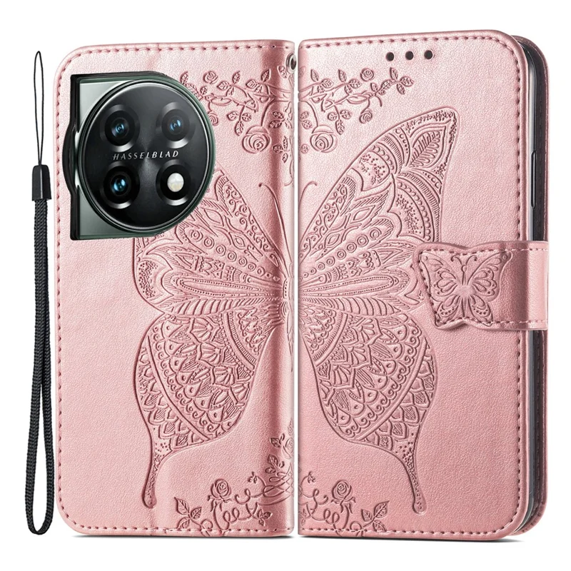 For OnePlus 12 5G Case PU Leather Butterfly Pattern Magnetic Flip Phone Cover - Rose Gold
