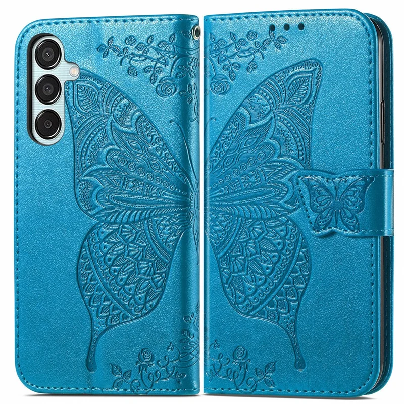 For Samsung Galaxy M15 5G Case Butterfly Pattern PU Leather Hand Strap Wallet Purse Phone Cover - Blue