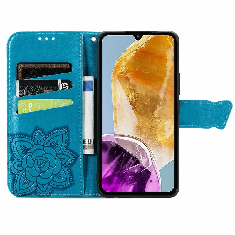 For Samsung Galaxy M15 5G Case Butterfly Pattern PU Leather Hand Strap Wallet Purse Phone Cover - Blue