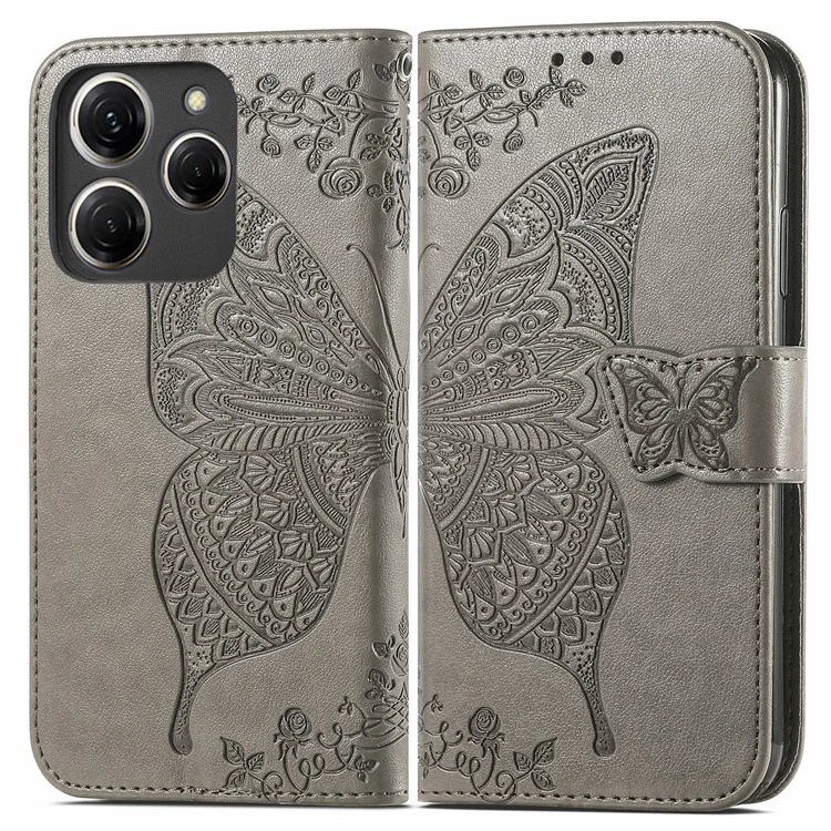 For TECNO Spark 20 Pro Case Butterfly Pattern Flip Folio PU Leather Phone Cover - Grey