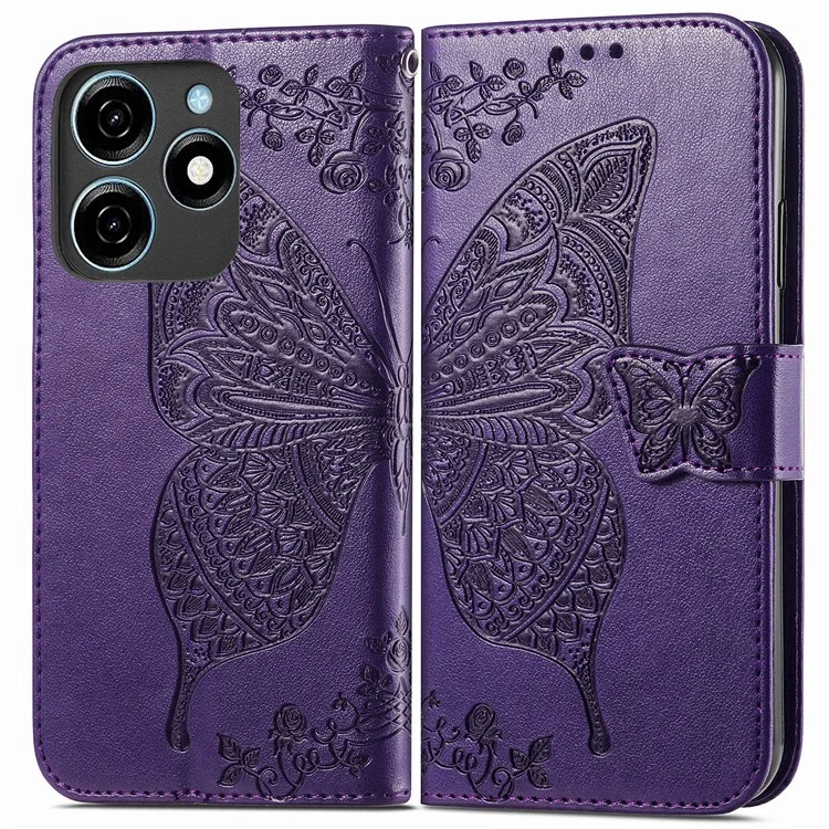 For TECNO Spark 20C Case Butterfly Imprinted PU Leather Stand Phone Cover Online Shopping Wholesale - Dark Purple