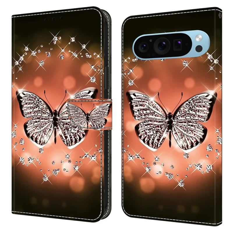 For Google Pixel 9 / Pixel 9 Pro Case Card Holder 3D Pattern PU Leather Protective Phone Cover - Crystal Butterfly