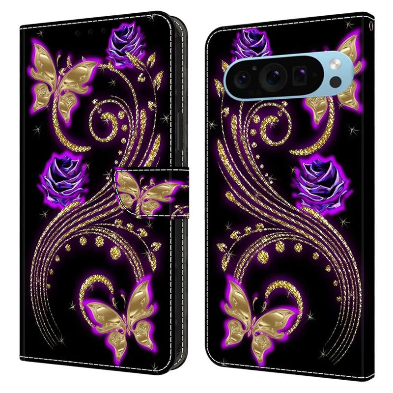 For Google Pixel 9 Pro XL Case Stand 3D Pattern PU Leather Flip Wallet Phone Cover - Flowers / Butterflies