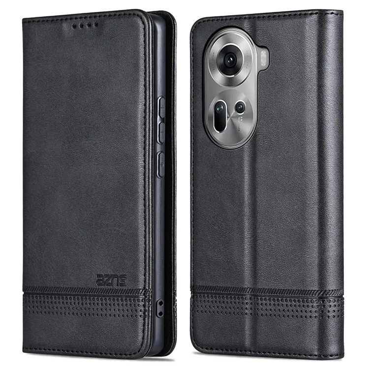 AZNS para Oppo Reno11 5G (Global) Capa de couro sintético com suporte tipo carteira e proteção de tela - Preto