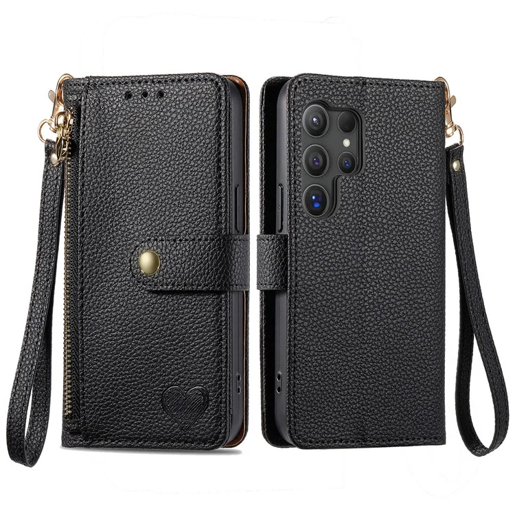 Para Samsung Galaxy S24 Ultra RFID Blocking Case Zipper Pocket PU+TPU Phone Cover - Negro