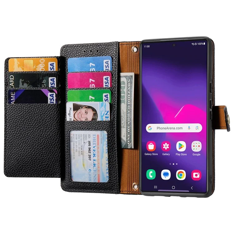 Para Samsung Galaxy S24 Ultra RFID Blocking Case Zipper Pocket PU+TPU Phone Cover - Negro