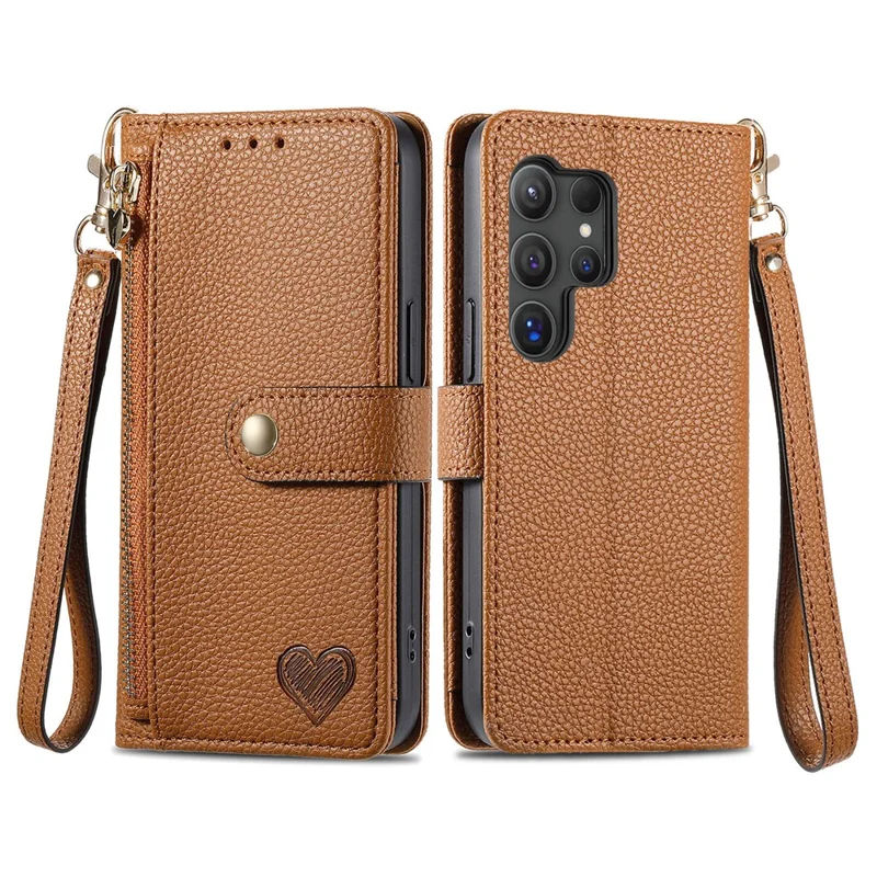 For Samsung Galaxy S24 Ultra RFID Blocking Case Zipper Pocket PU+TPU Phone Cover - Brown