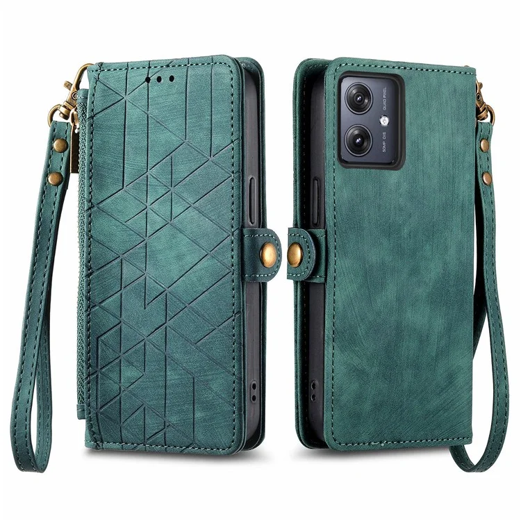 Para Motorola Moto G54 5G Leather Case Zipper Pocket Wallet Geometry Flip Phone Cover - Verde