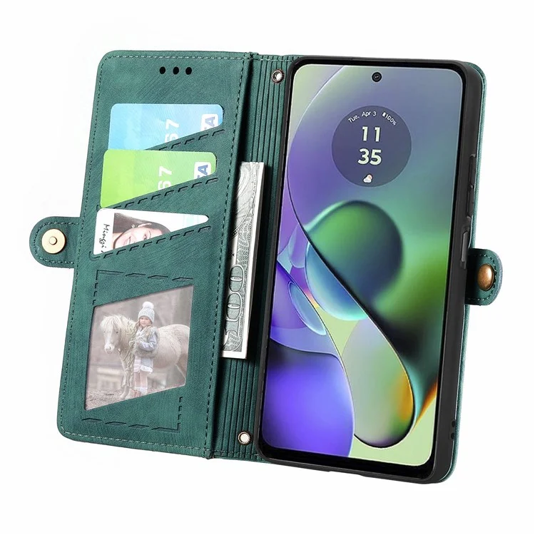Para Motorola Moto G54 5G Leather Case Zipper Pocket Wallet Geometry Flip Phone Cover - Verde