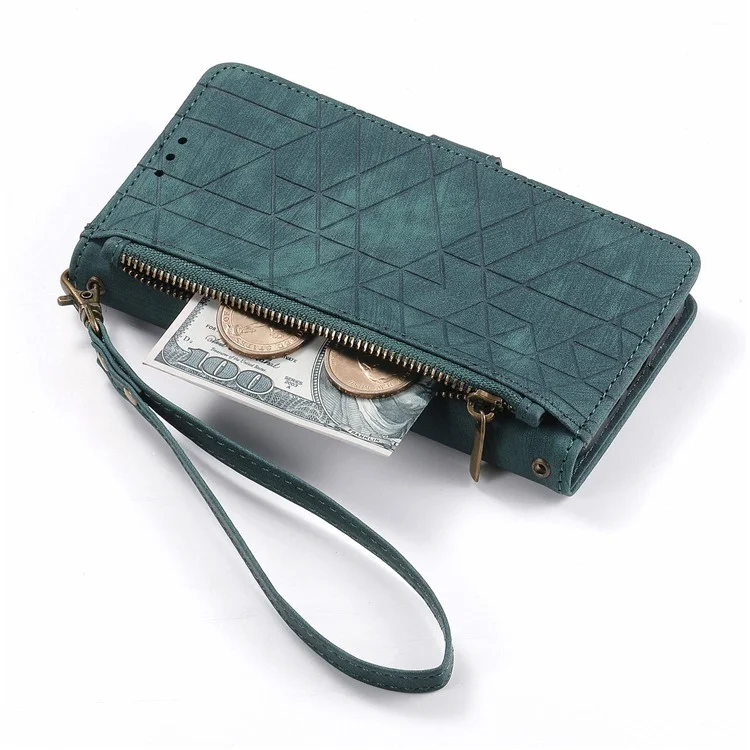 Para Motorola Moto G54 5G Leather Case Zipper Pocket Wallet Geometry Flip Phone Cover - Verde