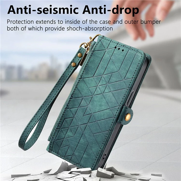 Para Motorola Moto G54 5G Leather Case Zipper Pocket Wallet Geometry Flip Phone Cover - Verde