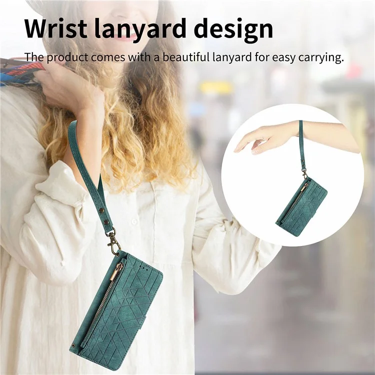 Para Motorola Moto G54 5G Leather Case Zipper Pocket Wallet Geometry Flip Phone Cover - Verde