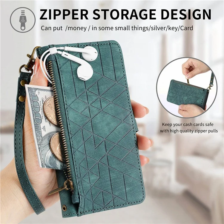 Para Motorola Moto G54 5G Leather Case Zipper Pocket Wallet Geometry Flip Phone Cover - Verde