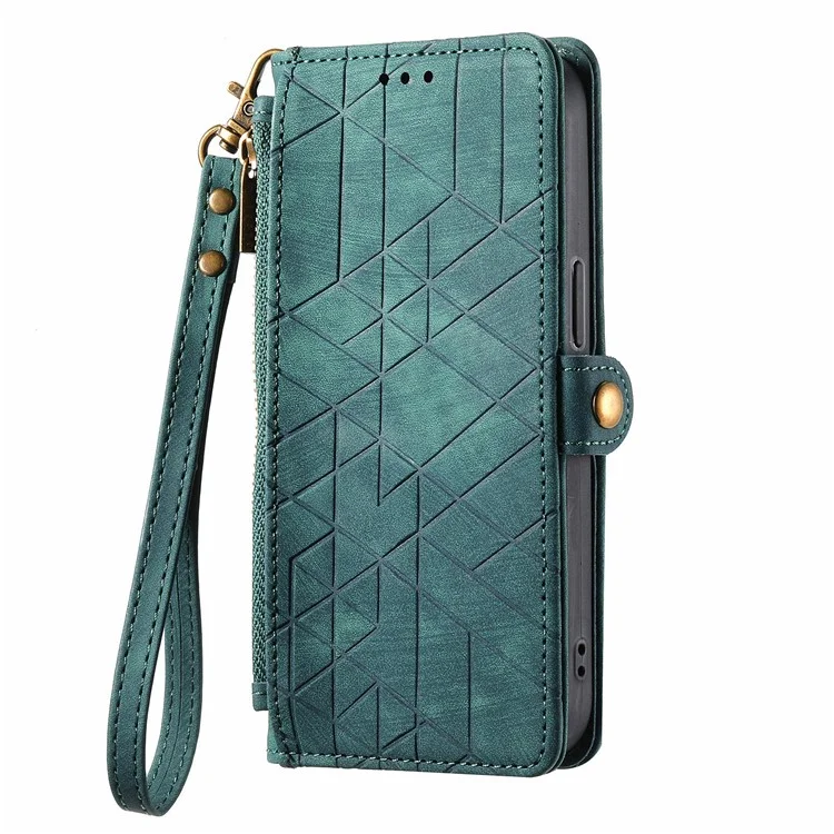 Para Motorola Moto G54 5G Leather Case Zipper Pocket Wallet Geometry Flip Phone Cover - Verde