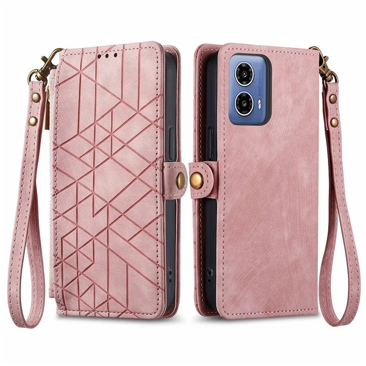 Für Motorola Moto G45 5G / G34 5G Lederhülle mit Reißverschlusstasche und Geldbeutel, geometrisches Handyhülle - Pink