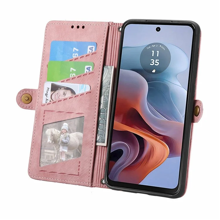 Für Motorola Moto G45 5G / G34 5G Lederhülle mit Reißverschlusstasche und Geldbeutel, geometrisches Handyhülle - Pink