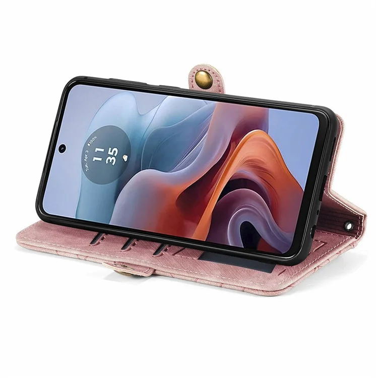 Für Motorola Moto G45 5G / G34 5G Lederhülle mit Reißverschlusstasche und Geldbeutel, geometrisches Handyhülle - Pink