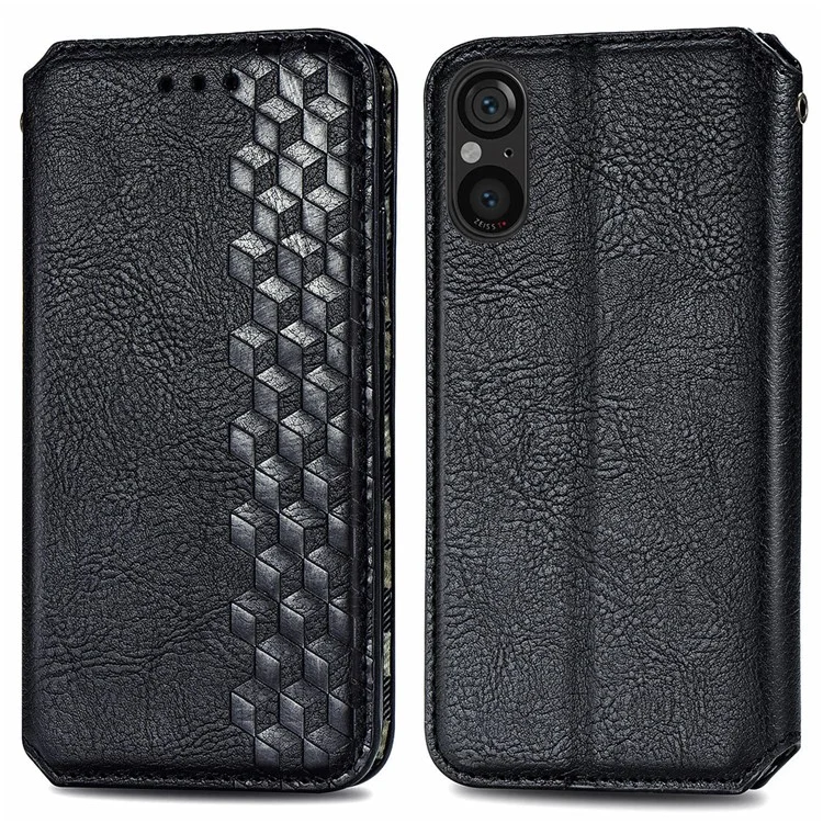 Para Sony Xperia 5 V Case Wallet Card Slots Rhombus Leather Phone Cover - Preto