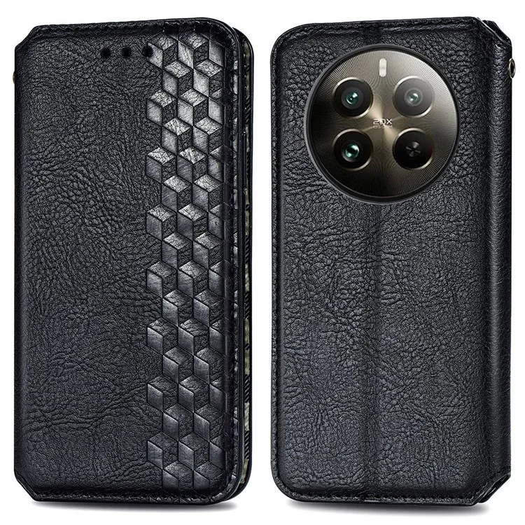 Für Realme 12 Pro 5G / 12 Pro+ 5G Case Rhombus Geprägtes Leder Handyhülle - Schwarz