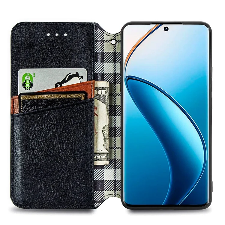 Für Realme 12 Pro 5G / 12 Pro+ 5G Case Rhombus Geprägtes Leder Handyhülle - Schwarz
