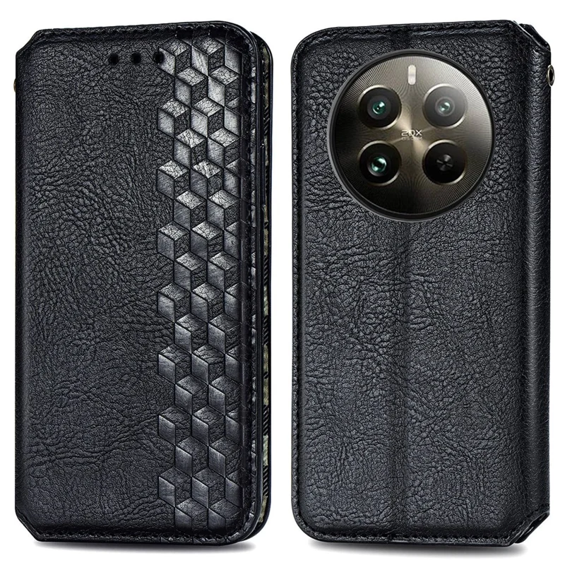 For Realme 12 4G / 12+ 5G PU Leather Case Rhombus Imprint Wallet Stand Phone Cover - Black