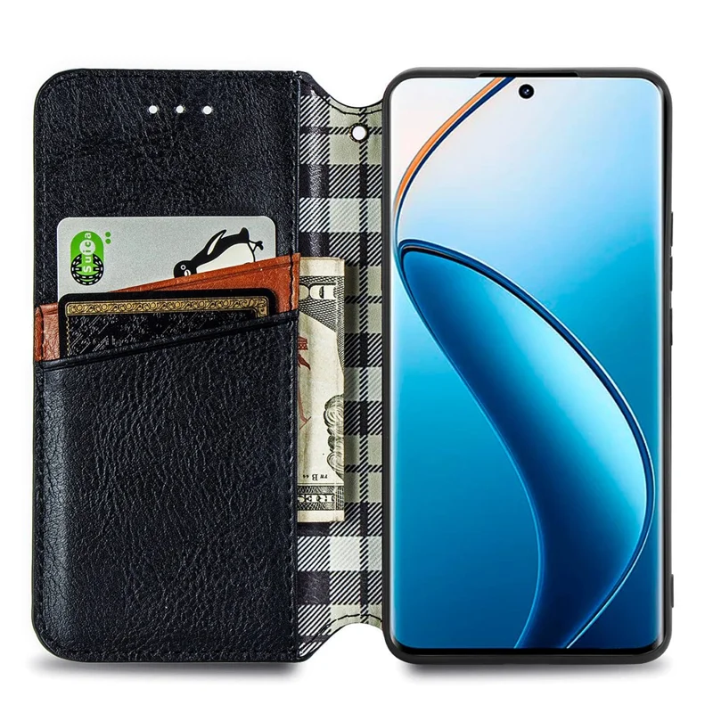For Realme 12 4G / 12+ 5G PU Leather Case Rhombus Imprint Wallet Stand Phone Cover - Black