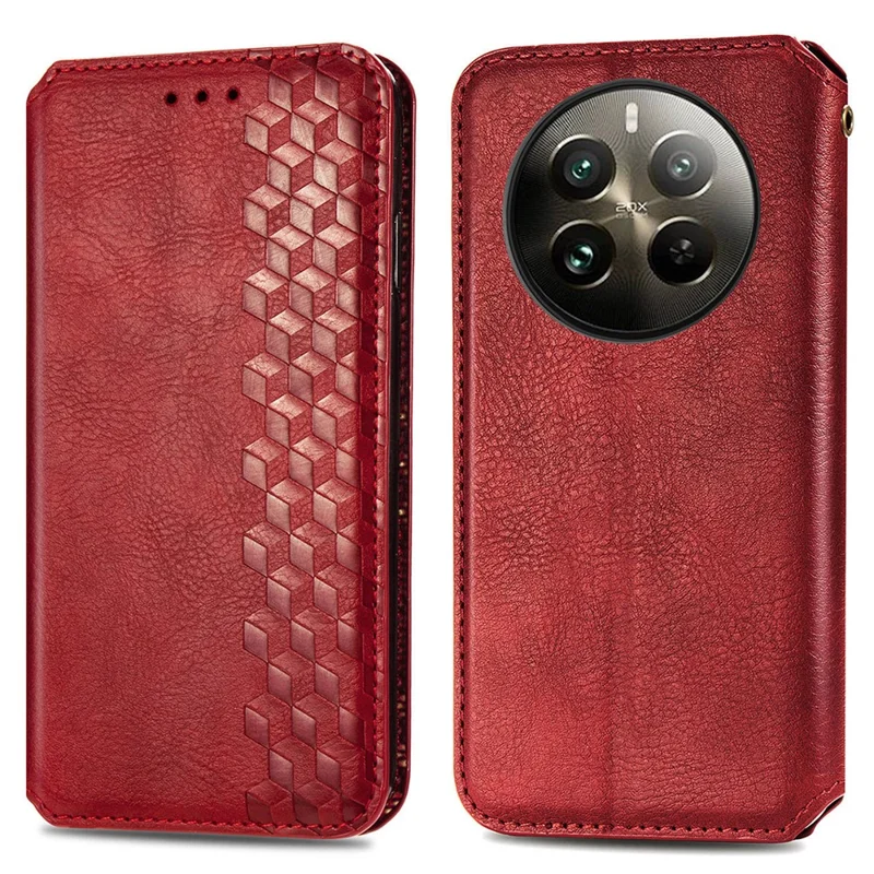 Para Realme 12 4G / 12+ 5G Funda Soporte de Cartera de Cuero con Patrón de Rombo - Rojo